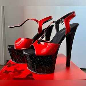 Pleaser Red and Black Glitter Platform Heels